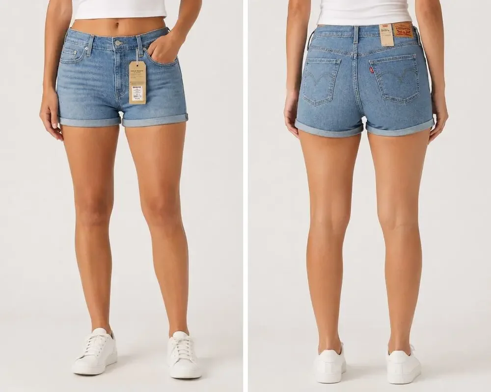 Levis Mid Length Classic Denim Shorts Womens 33 Hyper Soft Blue Jeans NEW